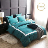 Embellish Square Patch Pleated Duvet Set - Teal & White